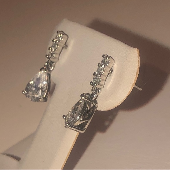 STERLING Silver White Cz Pear Shape Drop Stud Earrings 15mm Total Length - Picture 4 of 9